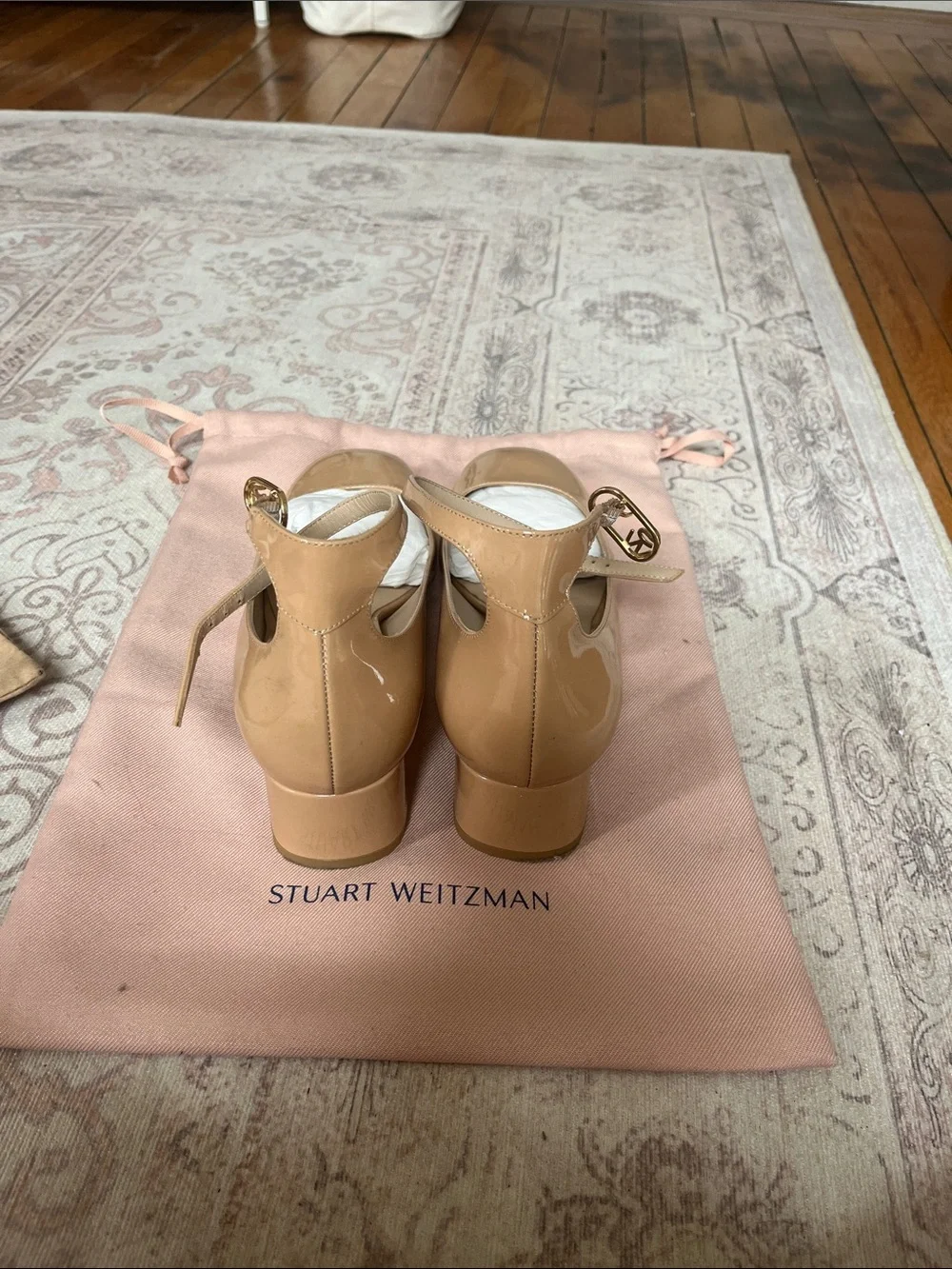 Stuart Weitzman Patent Leather Mary Jane Heels in Tan